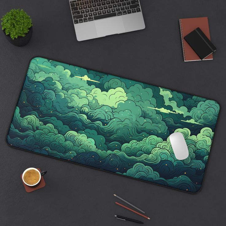 Dark Green Clouds Desk Mat Kawaii
